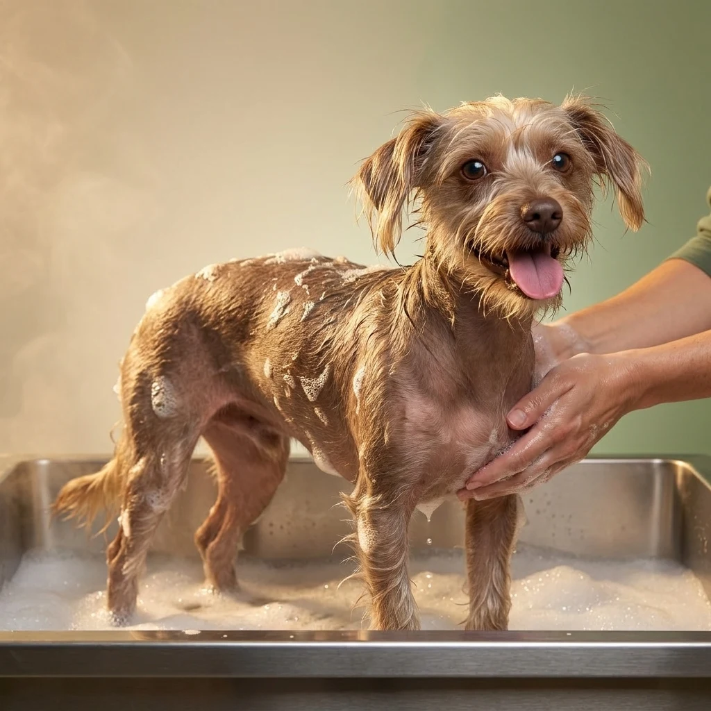 Rocky recibiendo baño en el spa