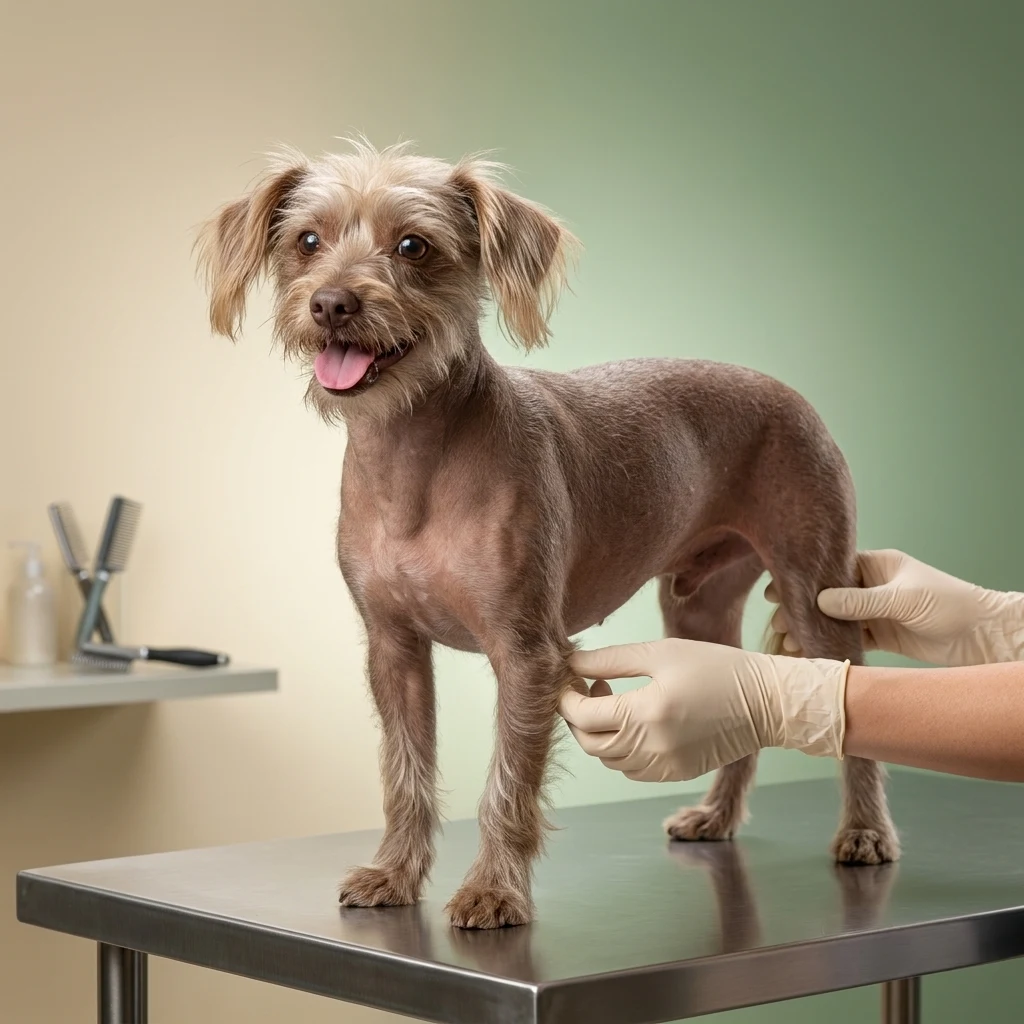 Rocky en evaluación sobre la mesa de grooming