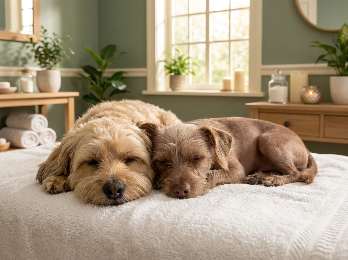 Dos perritos descansando juntos en una toalla blanca, en un ambiente de spa premium para mascotas